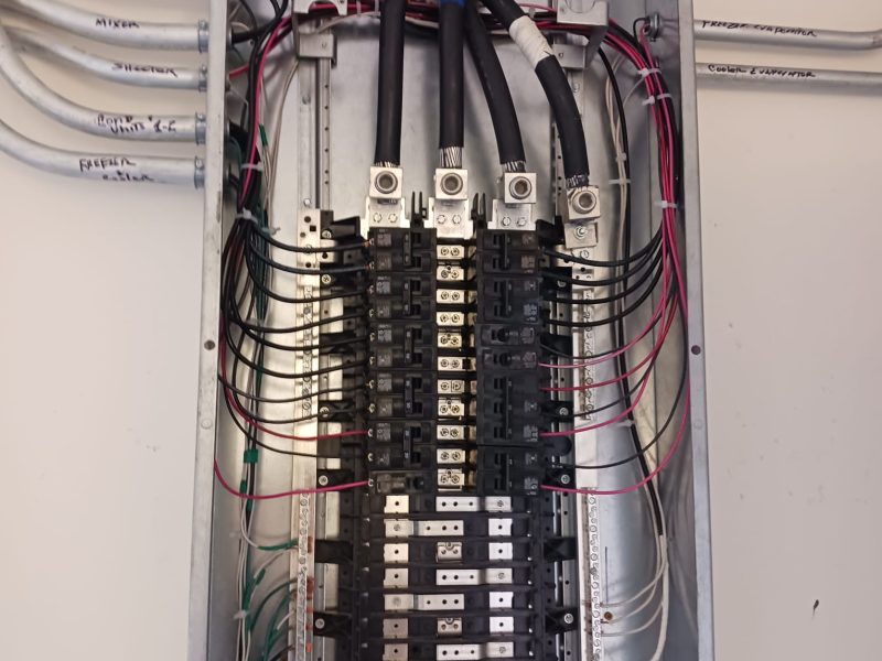 Inside a commercial panelboard: new breakers and feeder wiring with labeled freezer and cooler circuits